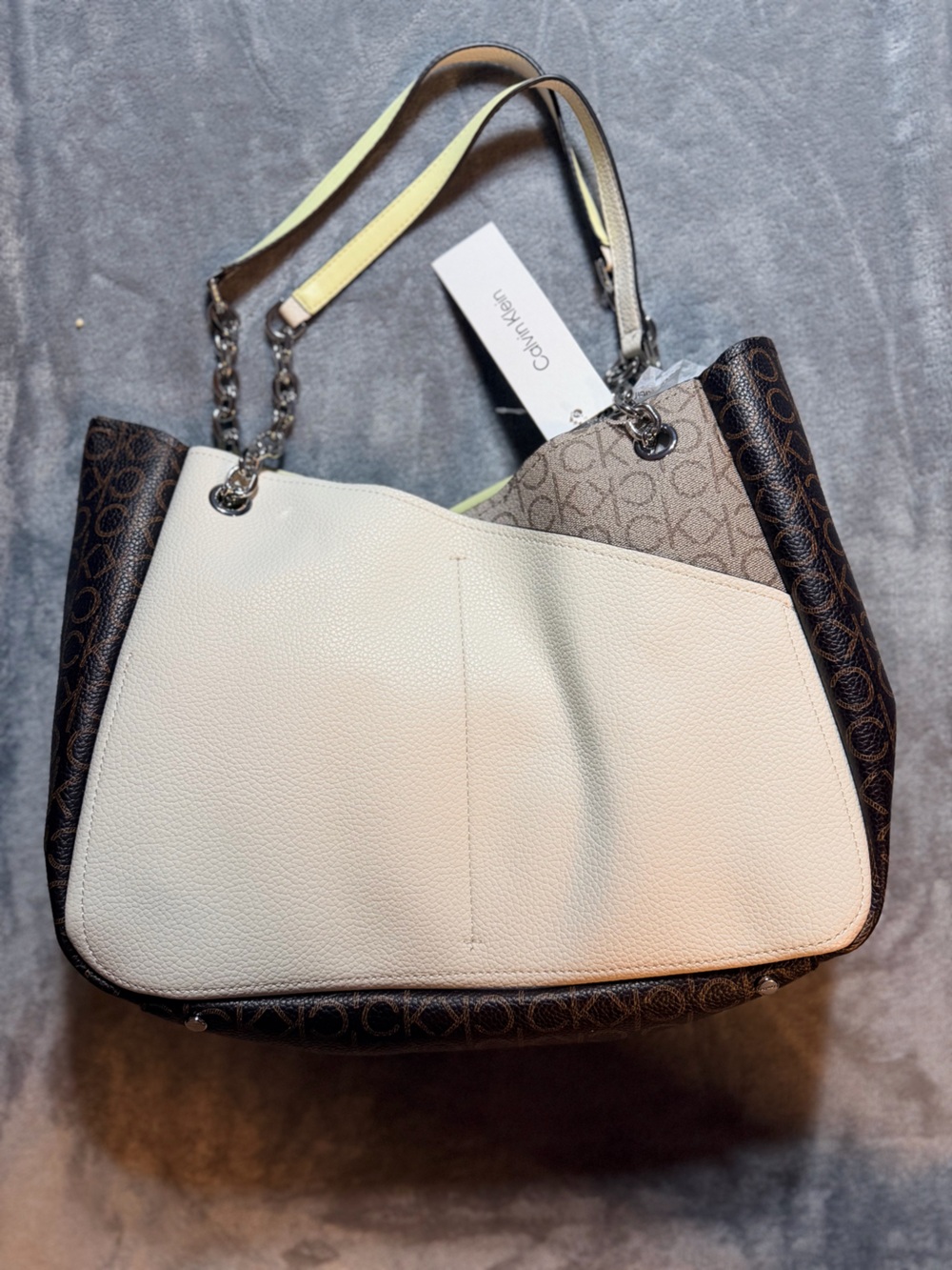 Calvin Klein Cream and Brown Logo-Trim Shoulder Bag with Chain Strap